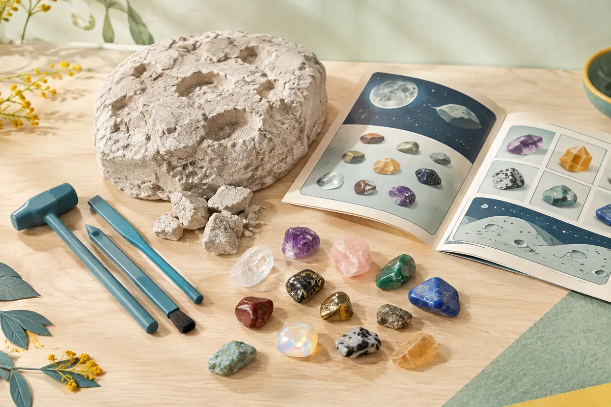 Kit de fouille lunaire avec outils en plastique, pierres colorées et livret en français sur fond clair