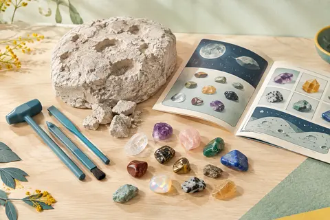 Kit de fouille lunaire avec outils en plastique, pierres colorées et livret en français sur fond clair