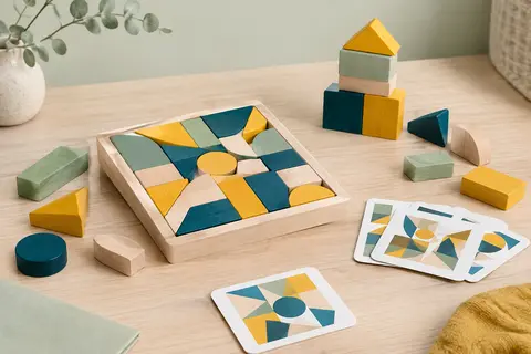 Blocs géométriques en bois colorés et cartes de défis disposés sur une surface claire