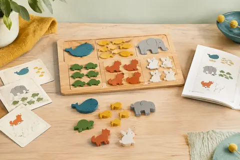 Pièces multicolores en bois d’un puzzle éducatif disposées en associations sur une table claire