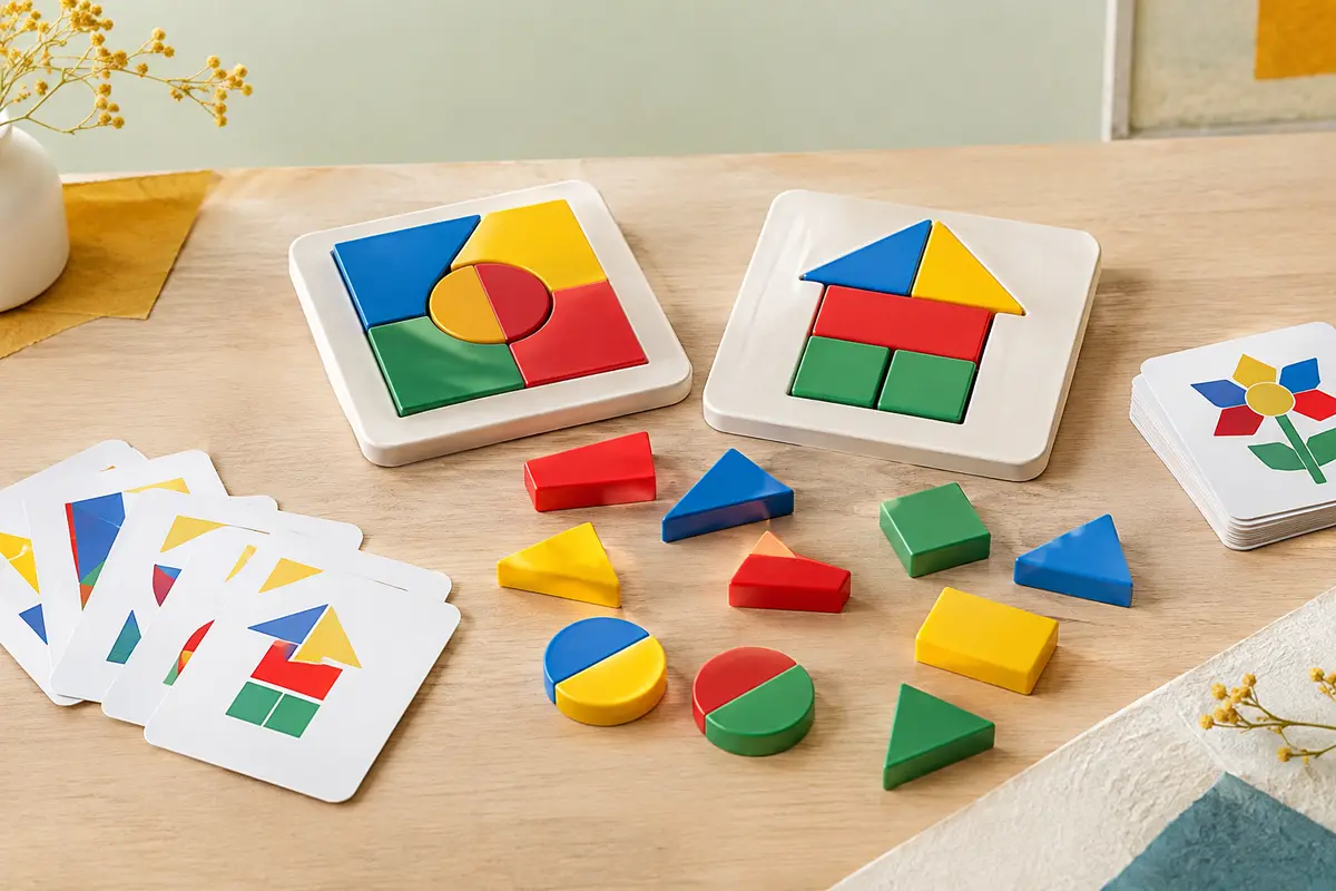 Jeu Guopai avec blocs géométriques colorés, cartes-défis et deux bases sur une table en bois clair.