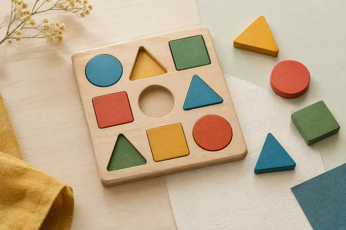 Puzzle en bois Guopai et formes géométriques colorées disposés sur un fond crème