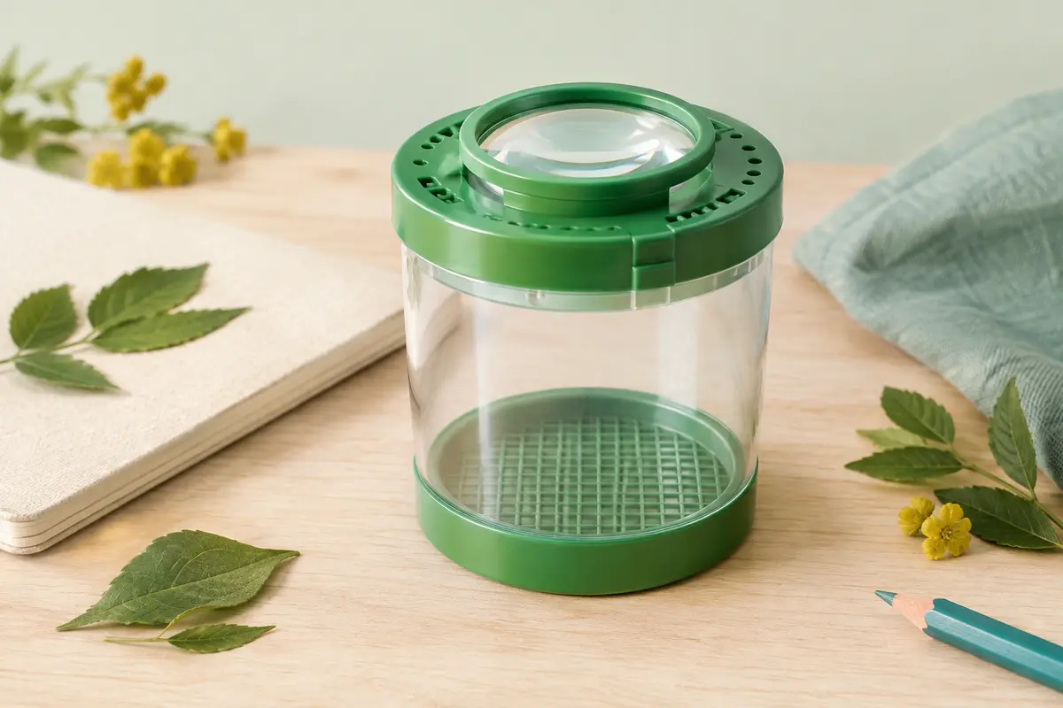 Boîte verte d’observation des insectes avec loupe intégrée, aérations et grille de comparaison au fond