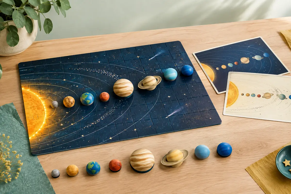 Puzzle du système solaire en bois et carton, avec planètes colorées et soleil LED sur fond clair.