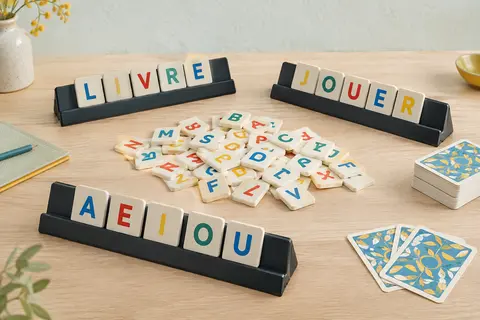 Lettres multicolores en plastique et carte du jeu Rummikub Lettres sur une table en bois clair