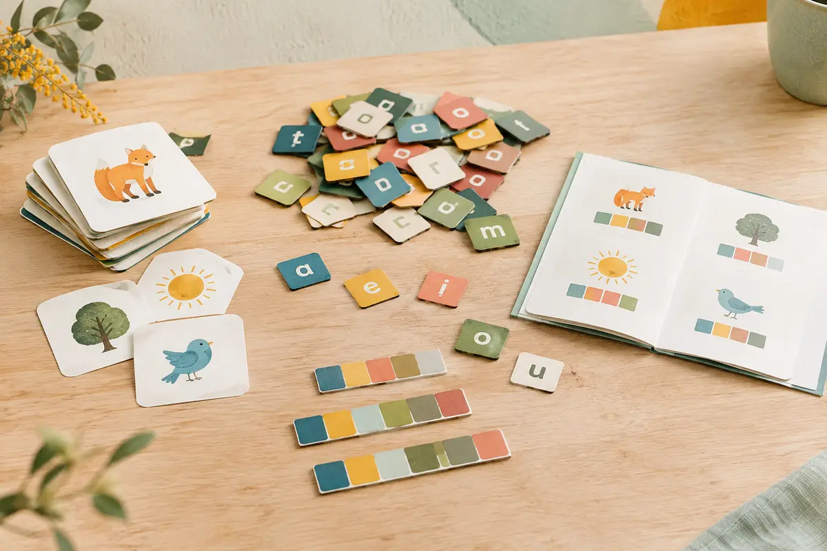 Pièces en carton multicolores et livret pédagogique du jeu de lecture Syllaber sur une table claire