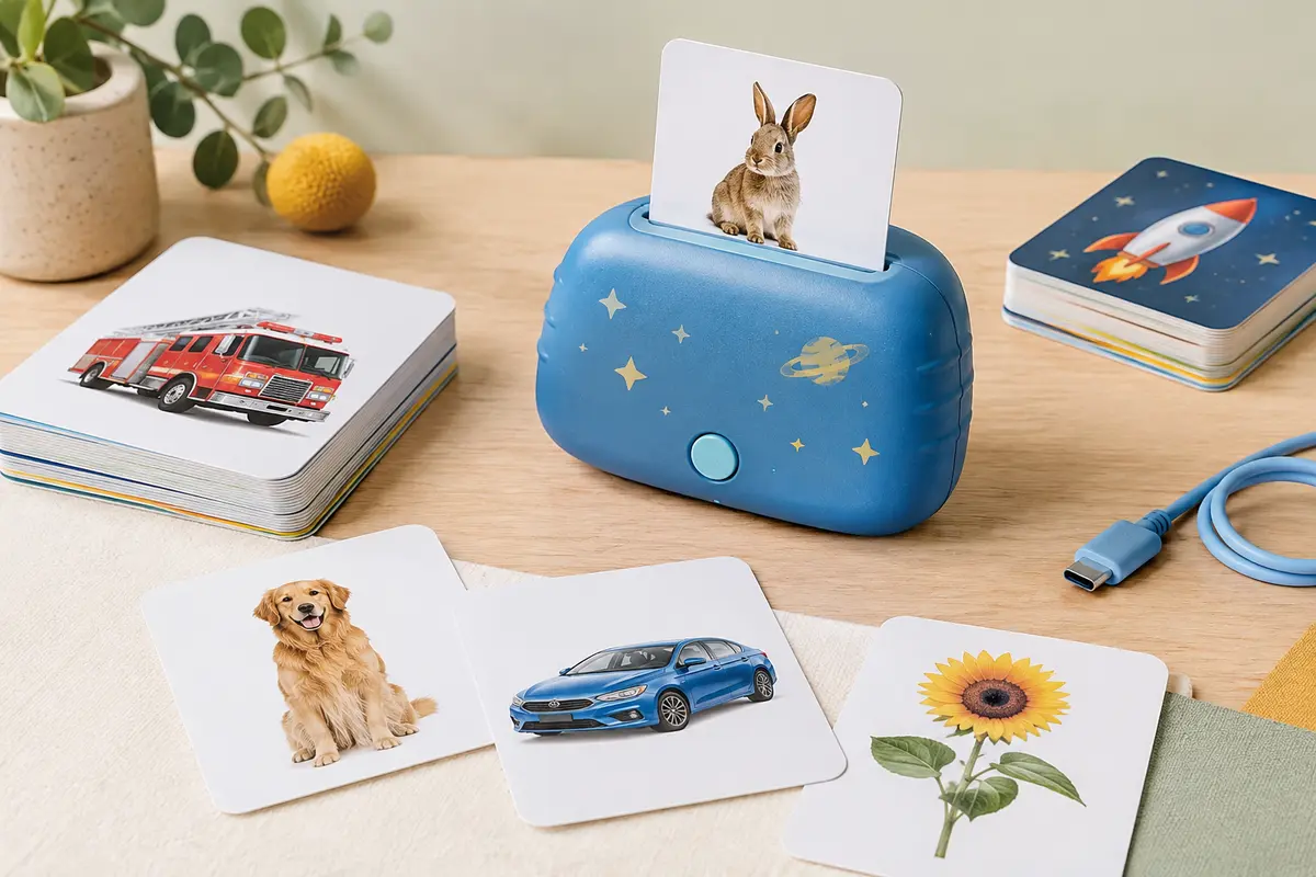 Lecteur de cartes sonores bleu entouré de cartes illustrées pour apprendre des mots en français et en anglais