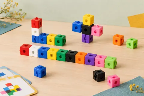 Cubes colorés à emboîter, reliés en rangées et en motifs sur une table en bois clair