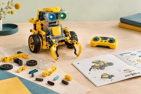 Robot éducatif jaune assemblé, accompagné de pièces de construction, d’une télécommande et d’un manuel