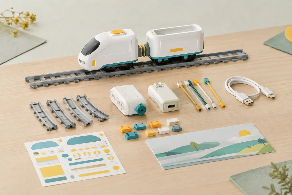 Train intelligent blanc avec wagon, rails et connexions colorées disposés sur une surface en bois clair.