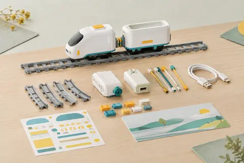 Train intelligent blanc avec wagon, rails et connexions colorées disposés sur une surface en bois clair.