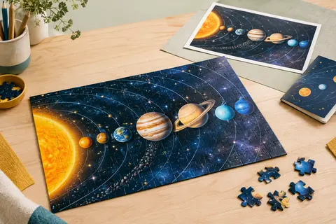 Puzzle éducatif multicolore du système solaire, avec ses planètes brillantes et son poster modèle.
