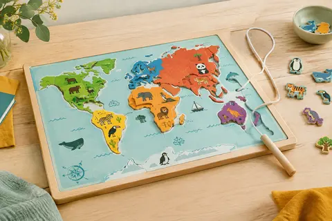 Puzzle magnétique Janod représentant une carte du monde illustrée, avec ses pièces en bois et sa ficelle de suspension.