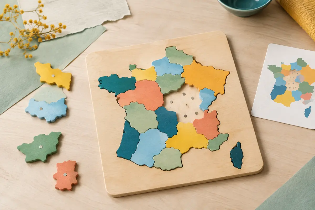Puzzle magnétique en bois représentant la France, accompagné de ses pièces aimantées multicolores