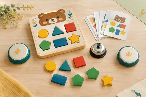 Jeu géométrique Jastown avec pièces colorées, cartes illustrées, deux bases et clochette sur bois clair.