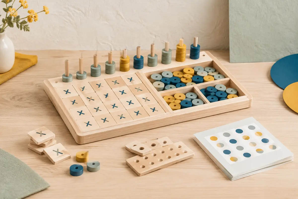 Jeu de multiplication JurciCat en bois posé sur une table claire avec ses pièces de jeu