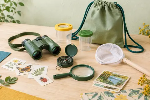 Kit d’exploration vert avec jumelles, boussole, loupe, filet à insectes et sac de transport sur bois clair