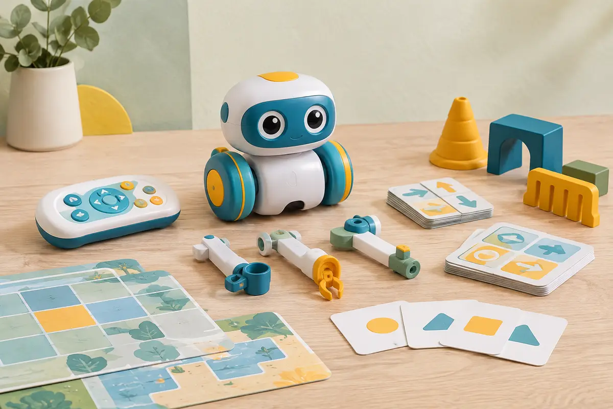 Robot éducatif multicolore avec programmateur, fiches, plaques de jeu et pièces d’obstacles