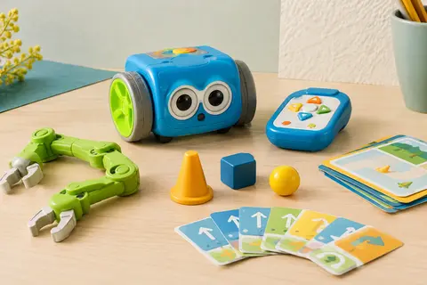 Robot Botley 2.0 avec télécommande, cartes de codage et accessoires disposés sur du bois clair.