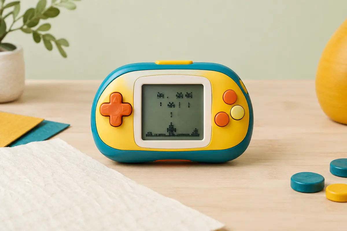 Jeu électronique multicolore de calcul mental posé sur du bois clair et du papier texturé.