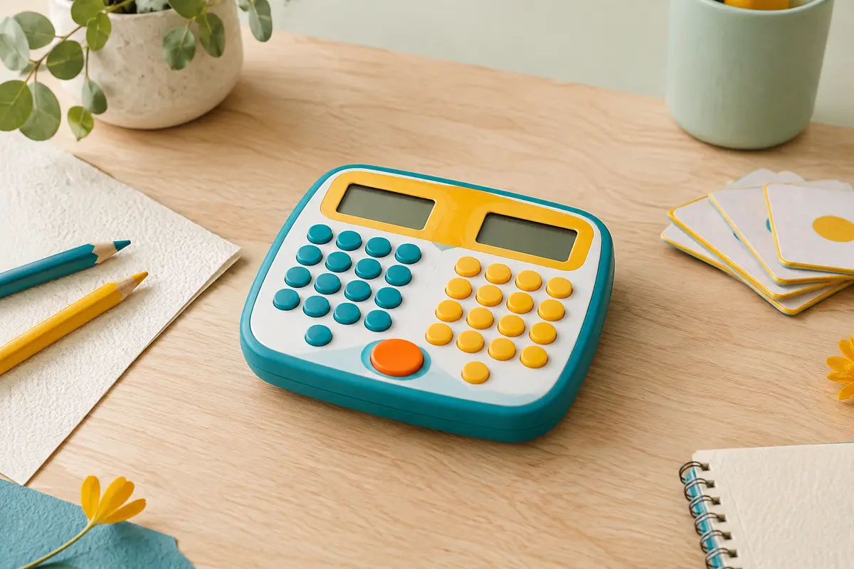 Carte électronique multicolore de calcul mental posée sur une table en bois clair