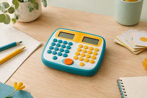 Carte électronique multicolore de calcul mental posée sur une table en bois clair