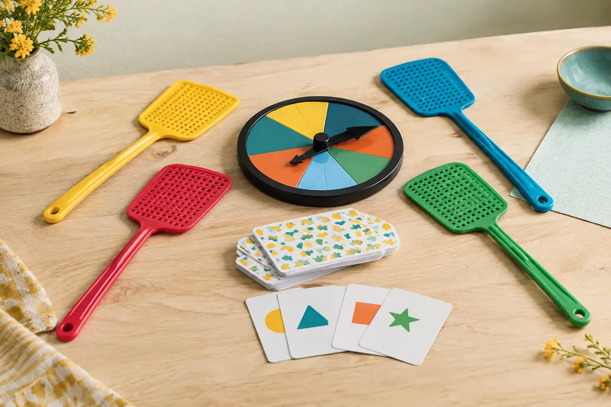 Quatre tapettes colorées, une roulette et des cartes-réponses disposées sur une table claire.