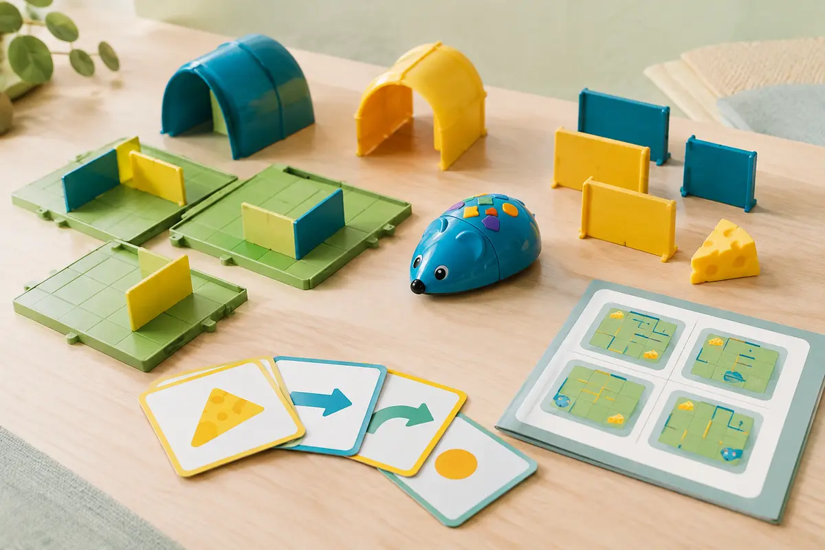 Souris robot multicolore entourée de cartes de codage et de pièces pour construire un labyrinthe.