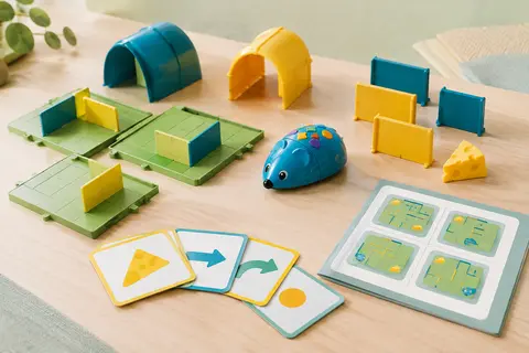 Souris robot multicolore entourée de cartes de codage et de pièces pour construire un labyrinthe.