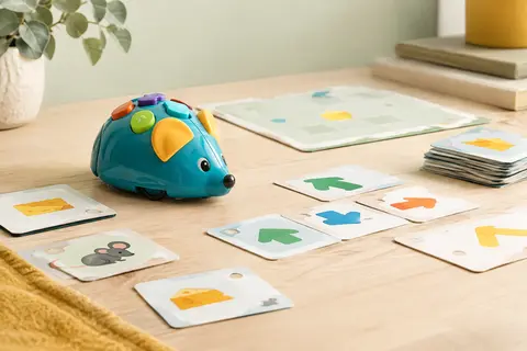 Souris robot multicolore et cartes de codage disposées sur une surface en bois clair
