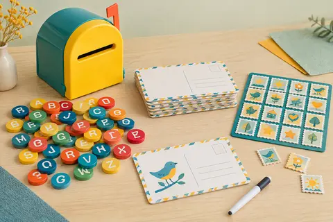 Boîte aux lettres éducative avec pièces alphabet, cartes postales effaçables et timbres réutilisables