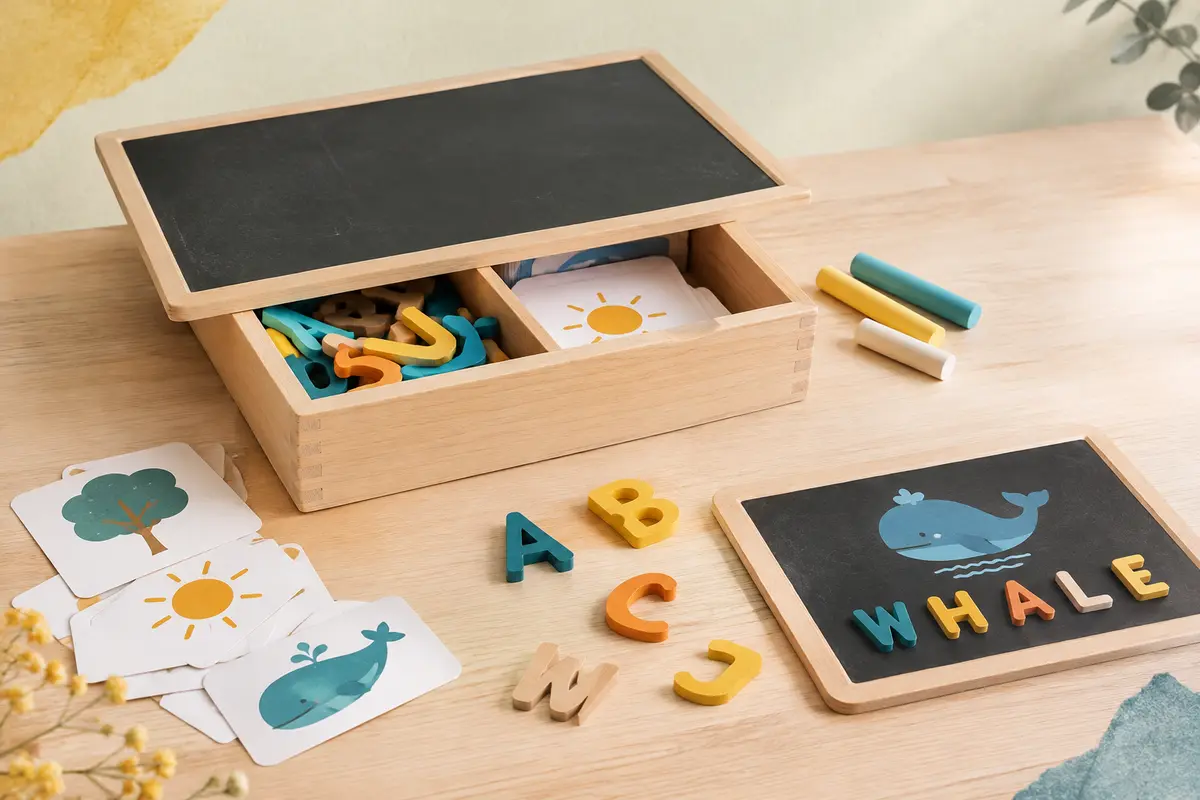 Jeu bilingue avec cartes de mots, lettres mobiles, ardoise intégrée au couvercle et craies de couleur