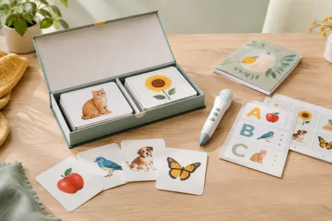 Jeu d’alphabet avec stylo parlant, cartes illustrées et fiches posés sur une table en bois clair.