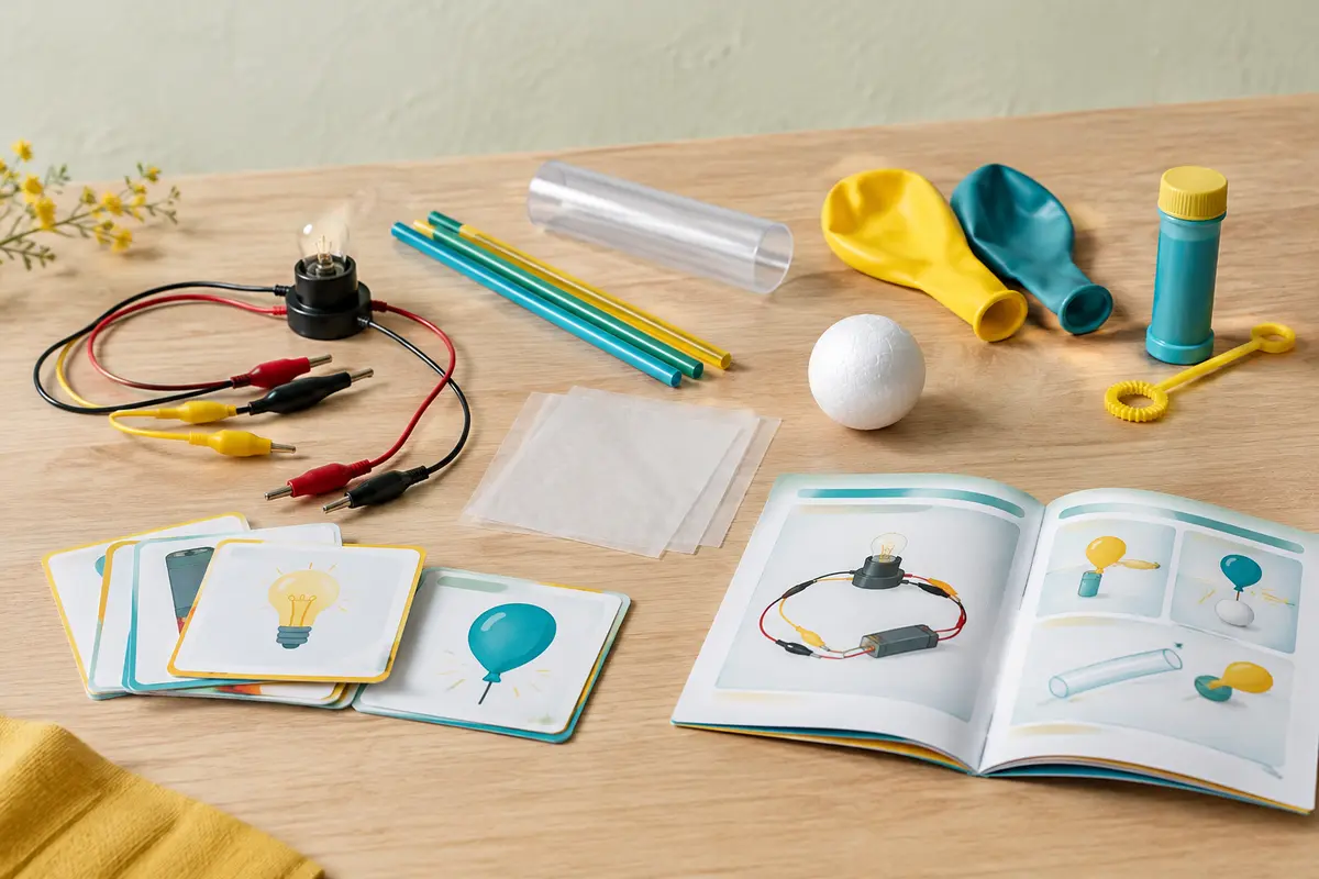Kit d’expériences sur l’électricité avec lampe, câbles, accessoires, cartes et manuel sur une table claire