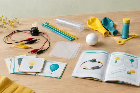 Kit d’expériences sur l’électricité avec lampe, câbles, accessoires, cartes et manuel sur une table claire