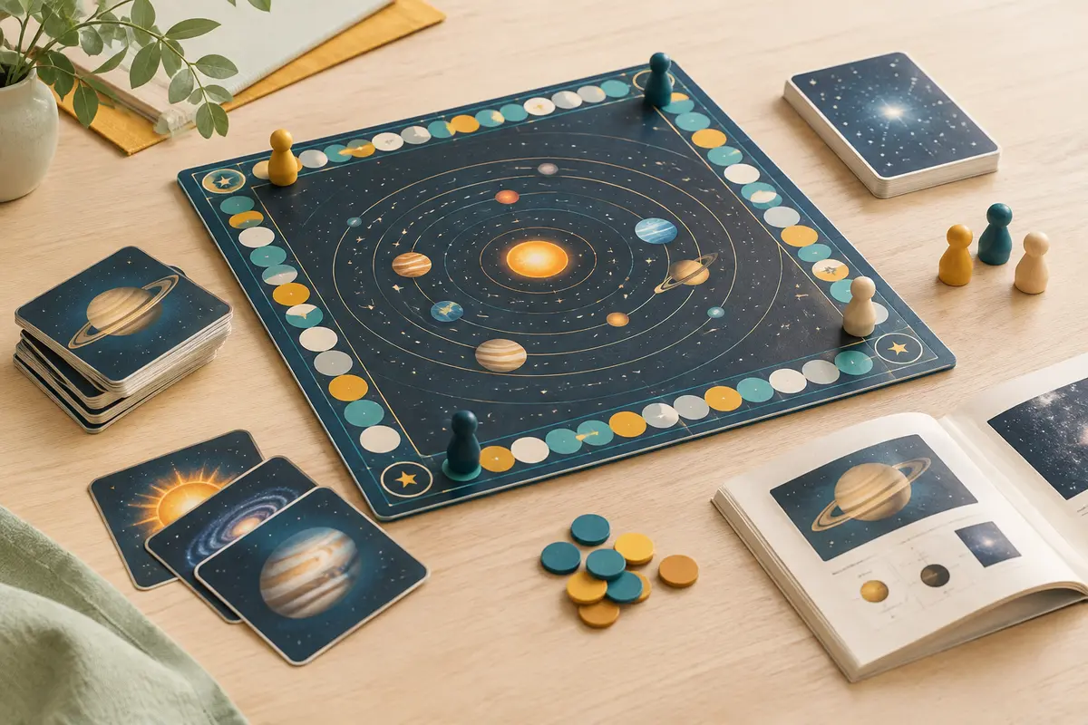 Jeu de parcours d’astronomie avec plateau, cartes photo, quilles et jetons disposés sur un fond clair.