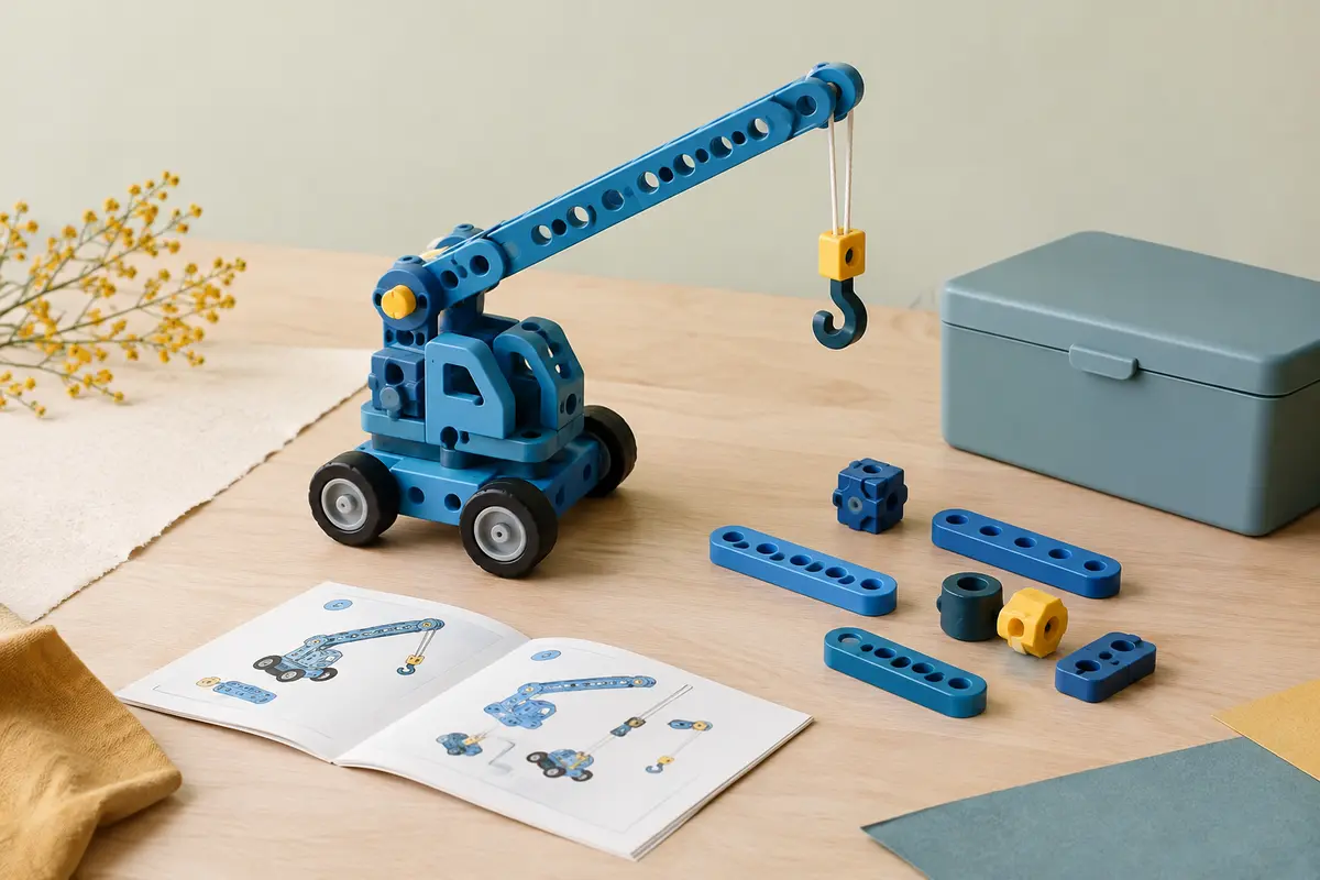 Jeu de construction bleu avec une grue assemblée, des pièces, un livret et une boîte sur bois clair.