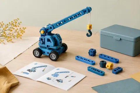 Jeu de construction bleu avec une grue assemblée, des pièces, un livret et une boîte sur bois clair.