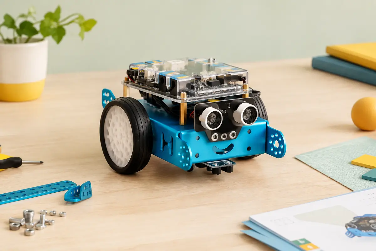 Robot éducatif mBot bleu avec châssis en aluminium, posé sur une surface en bois clair
