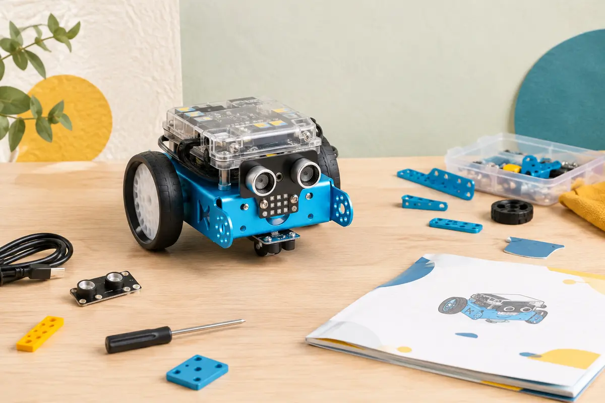 Robot mBot2 à châssis métallique avec roues, capteurs et matrice lumineuse sur fond clair