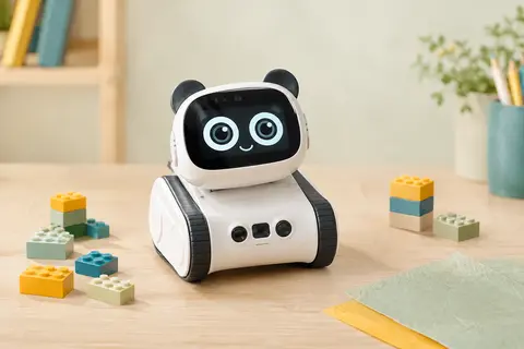 Robot éducatif blanc Codey Rocky posé sur du bois clair avec des briques de construction