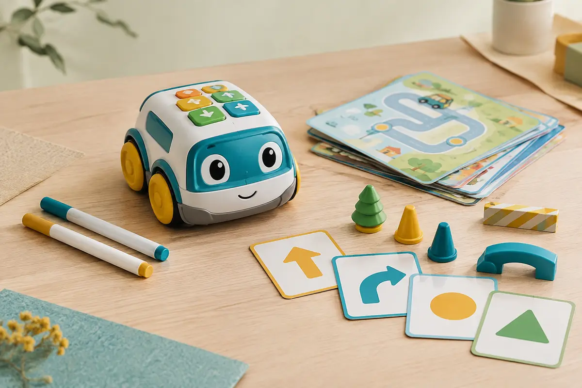 Robot éducatif de forme voiture avec cartes interactives, marqueurs lavables et accessoires sur une table claire