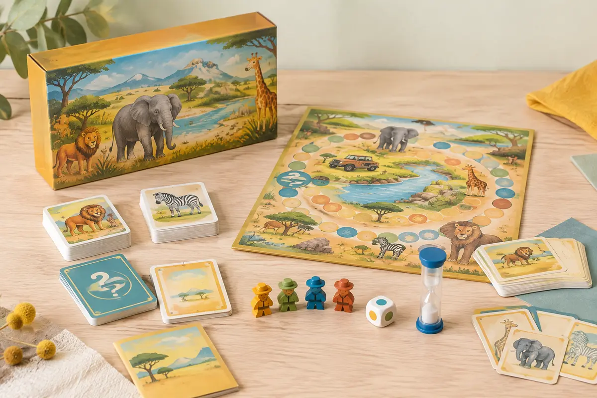 Plateau de jeu éducatif avec cartes-énigmes, cartes-lettres, pions aventuriers, dé et sablier
