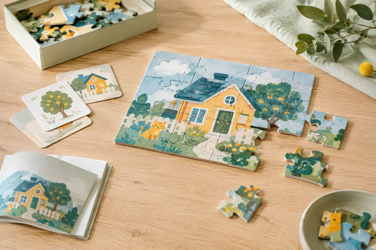 Pièces illustrées d’un puzzle éducatif de langage disposées sur une table en bois clair.
