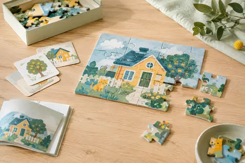 Pièces illustrées d’un puzzle éducatif de langage disposées sur une table en bois clair.