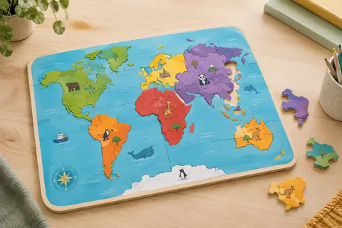 Puzzle de sol multicolore en carton représentant une carte du monde, avec quelques pièces posées à côté.