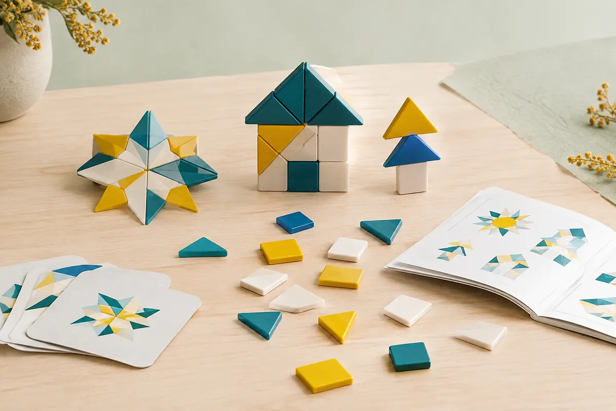 Ensemble de petites tuiles magnétiques Mxblocky disposées sur une surface en bois clair