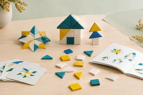 Ensemble de petites tuiles magnétiques Mxblocky disposées sur une surface en bois clair