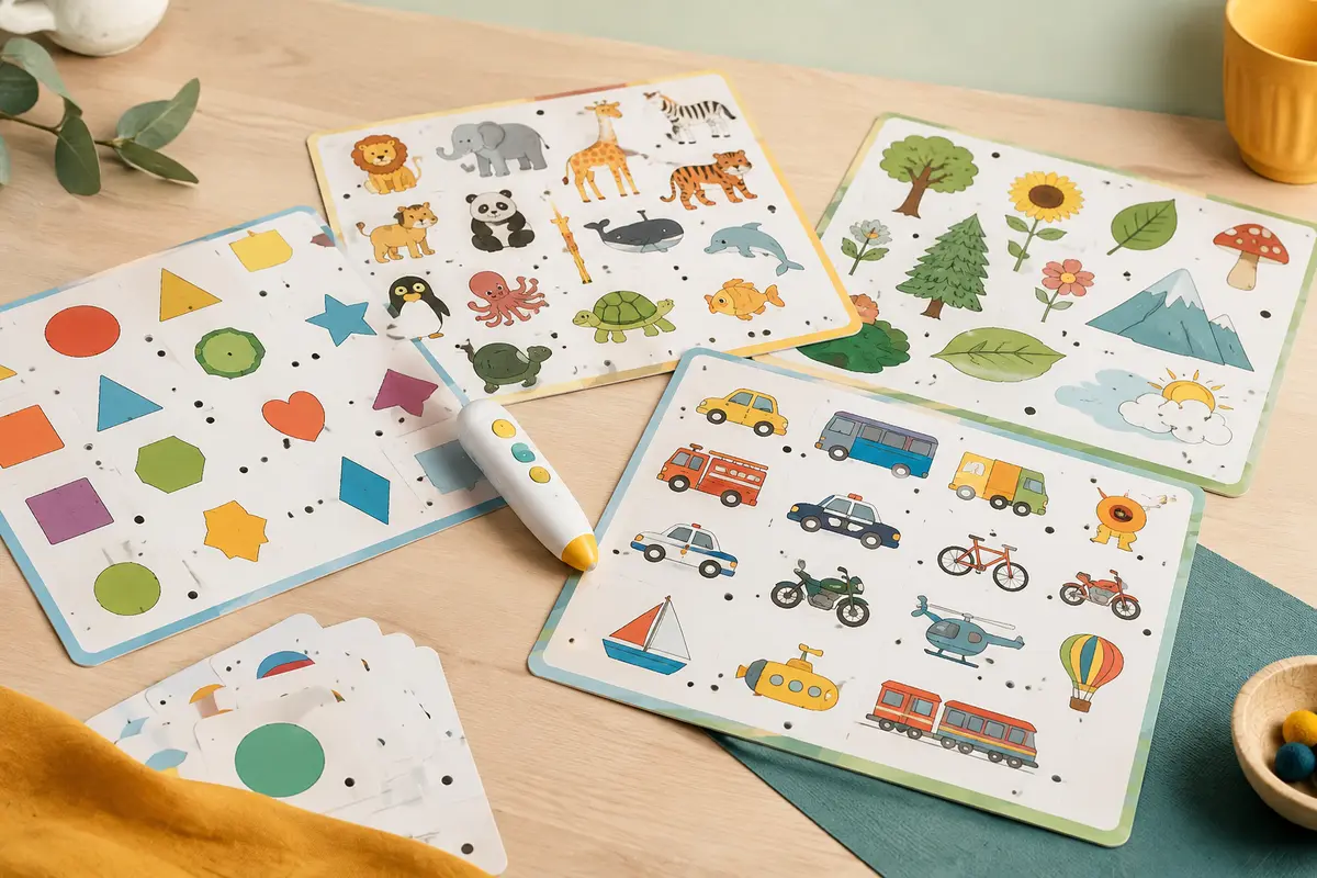 Planches illustrées colorées et stylo électronique posés sur une table en bois clair.