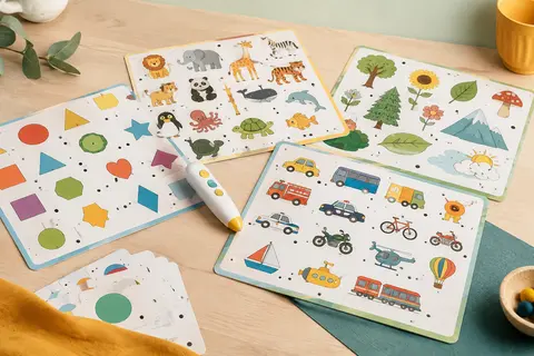 Planches illustrées colorées et stylo électronique posés sur une table en bois clair.